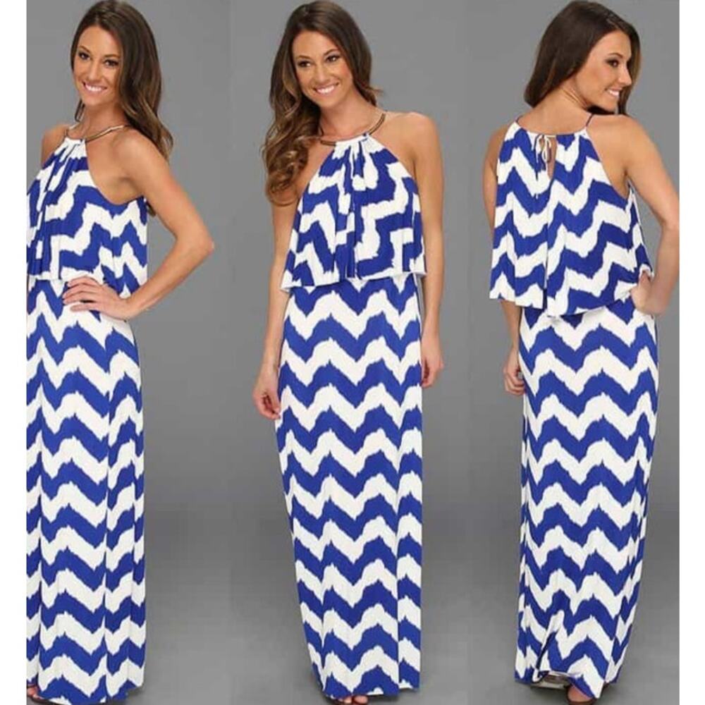 T-Bags Los Angeles Blue and White Chevron Print Jersey Maxi Dress sz XS - Picture 1 of 16